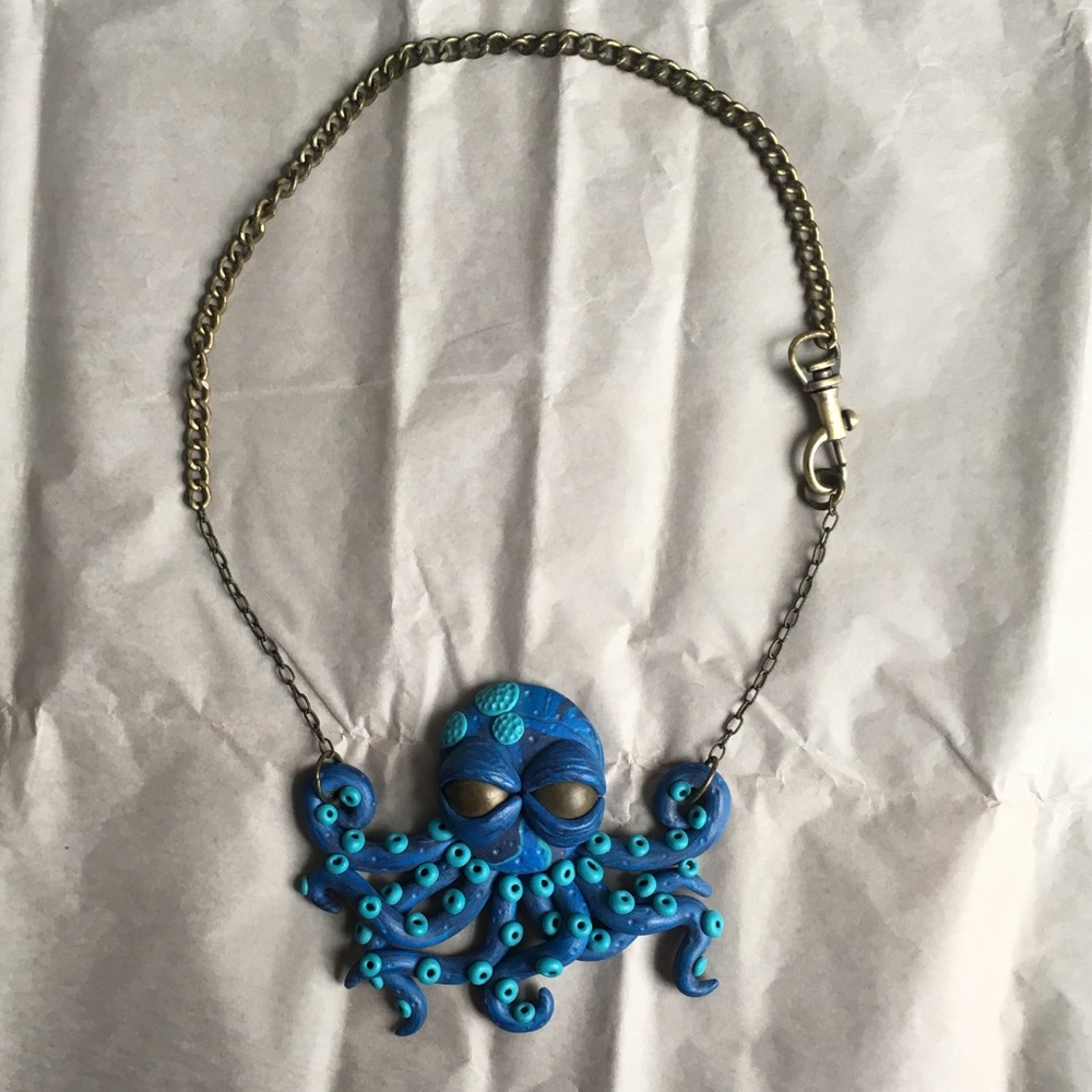 Etsy Blue and Bronze Clay Octopus Necklace